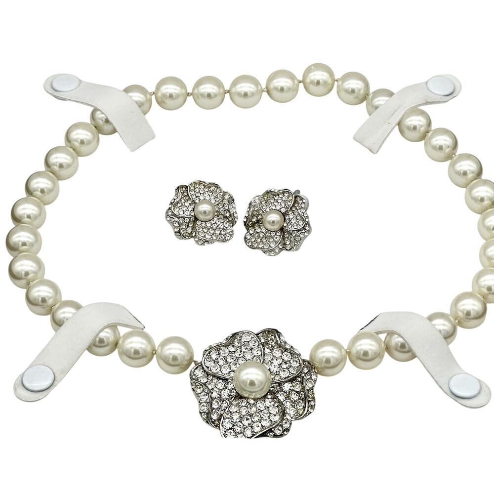 Kenneth Jay Lane KJL Vintage Faux Pearl Rhinestone Necklace and Earrings Set
